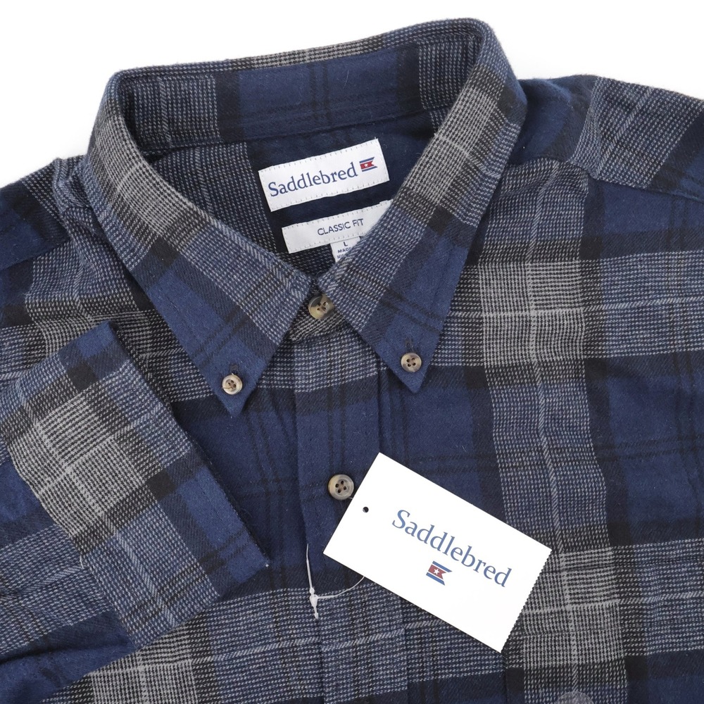 NEW Saddlebred Plaid Flannel Button Down Ocean Blue Long Sleeve Mens Large Shirt